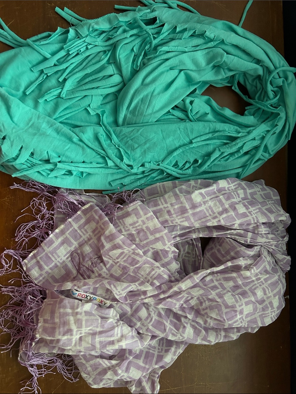 Roxy Lavender Plaid Lightweight Scarf with Fringe & Teal Infinity fringe scarf